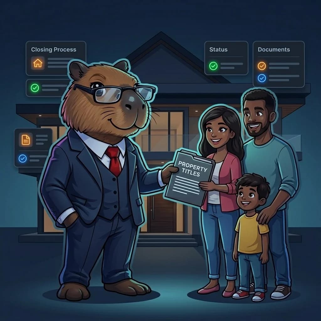Smarty entregando los títulos de propiedad completamente saneados a una familia frente a su nuevo hogar