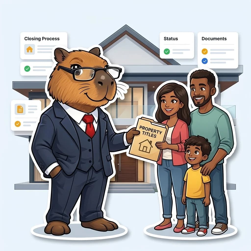 Smarty entregando los títulos de propiedad completamente saneados a una familia frente a su nuevo hogar